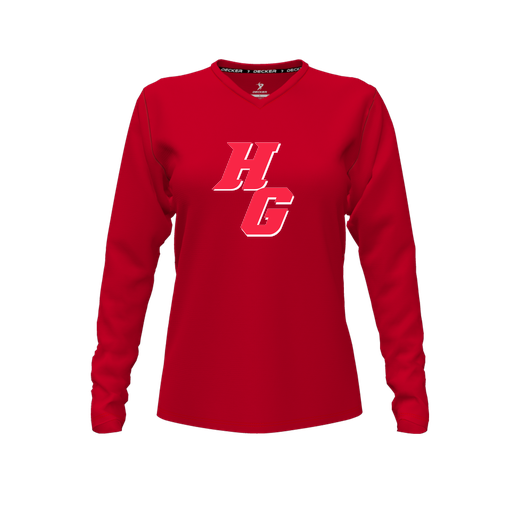 [CUS-DFW-TEES-CMF-VNK-LSL-RED-FYXS-LOGO2] Comfort T-Shirt (Female Youth XS, Red, V Neck, Logo 2, Long Sleeve)