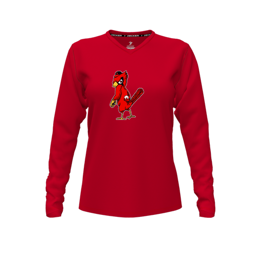 [CUS-DFW-TEES-PER-VNK-LSL-RED-FYXS-LOGO1] Performance T-Shirt (Female Youth XS, Red, V Neck, Logo 1, Long Sleeve)